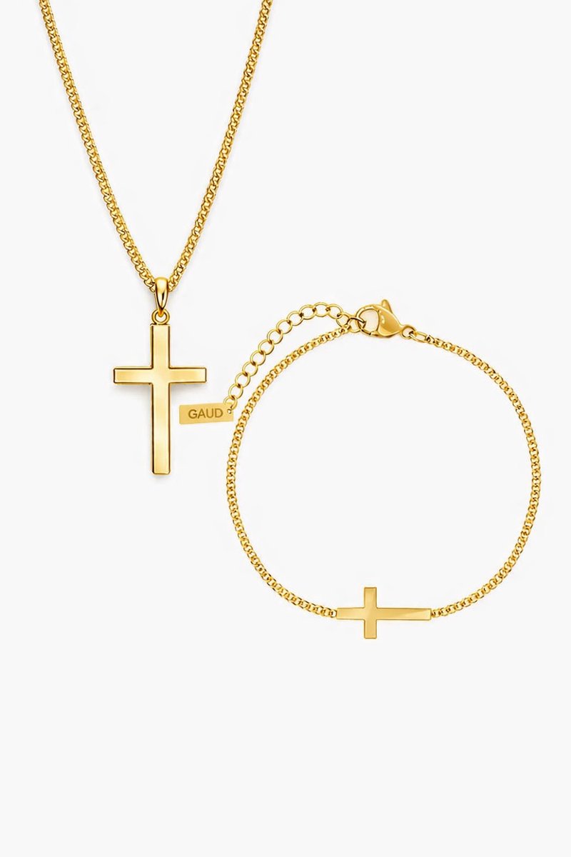 GAUD Goudkleurige Kruis Sieraden Set – Ketting + Armband – Stainless Steel – Waterproof & Verkleurt Niet – Minimalistische Heren Sieraden