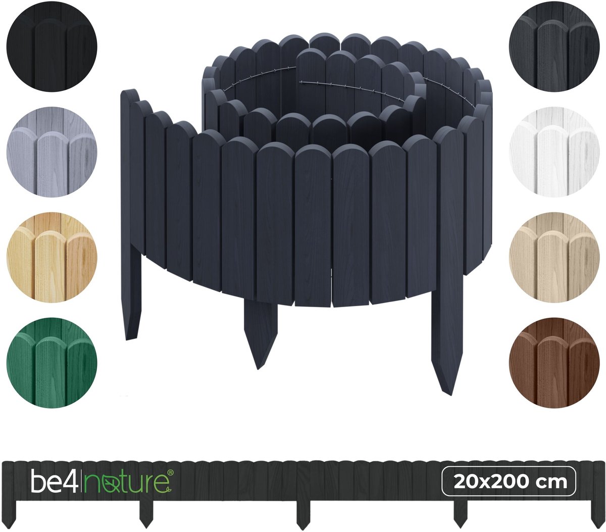 be4nature Flexibele houten border 20 x 200 cm Grijs Geïmpregneerde rolborder plantenrand tuinhek decor palissade graskant