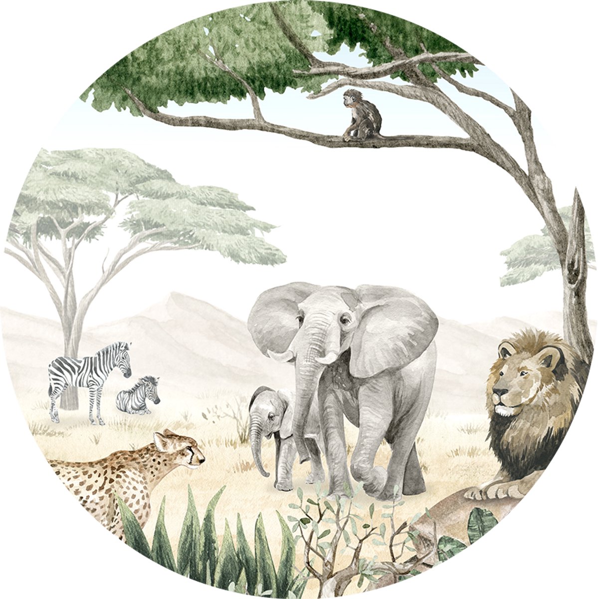 Muursticker - Kinderkamer - Wanddecoratie - Babykamer - Savanne - Dieren - ø 100 cm - Behangcirkel