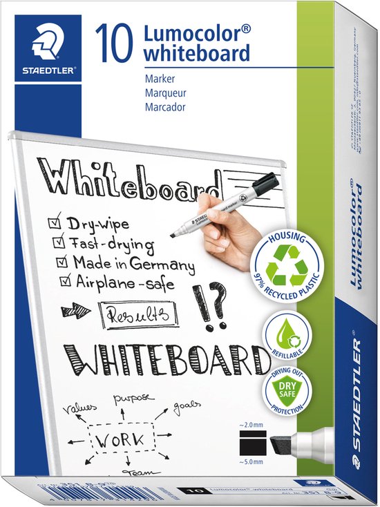 Doos van 10 Staedtler Lumocolor whiteboard markers. Inclusief illustratie van een hand die een marker gebruikt op een whiteboard met aantekeningen.