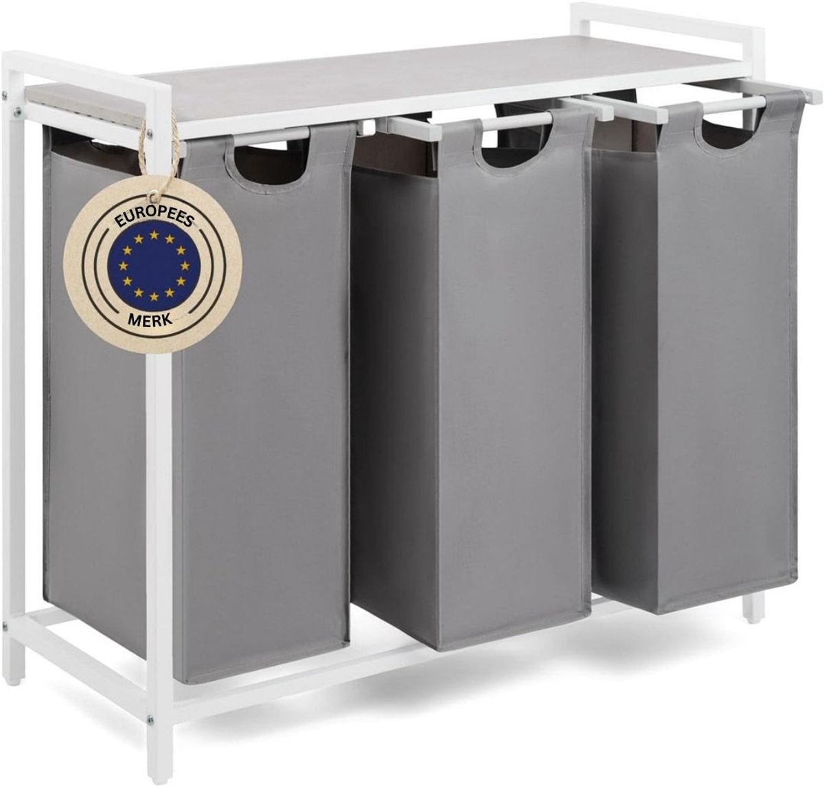 DnA® Wasmand 3 Vakken - Wasmand - Wassorteerder - Wasmand Met Deksel - Grijs/Wit - 36cm x 86cm x 73cm