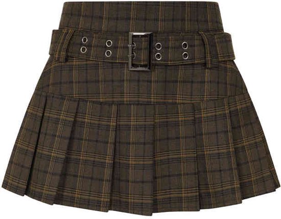 Courte jupe écossaise vert foncé avec ceinture, boucle et œillets métalliques à la taille, plissée.