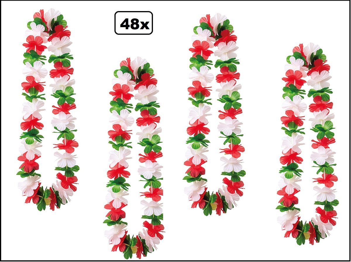 48x Hawai slinger groen/wit/rood - bloemenkrans - Tropical thema feest hawaii krans Italie