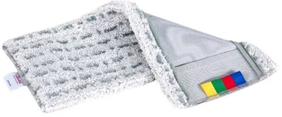 Serpillière Vileda grise en microfibre avec étiquettes colorées (rouge, jaune, vert, bleu). La serpillière a une surface texturée.