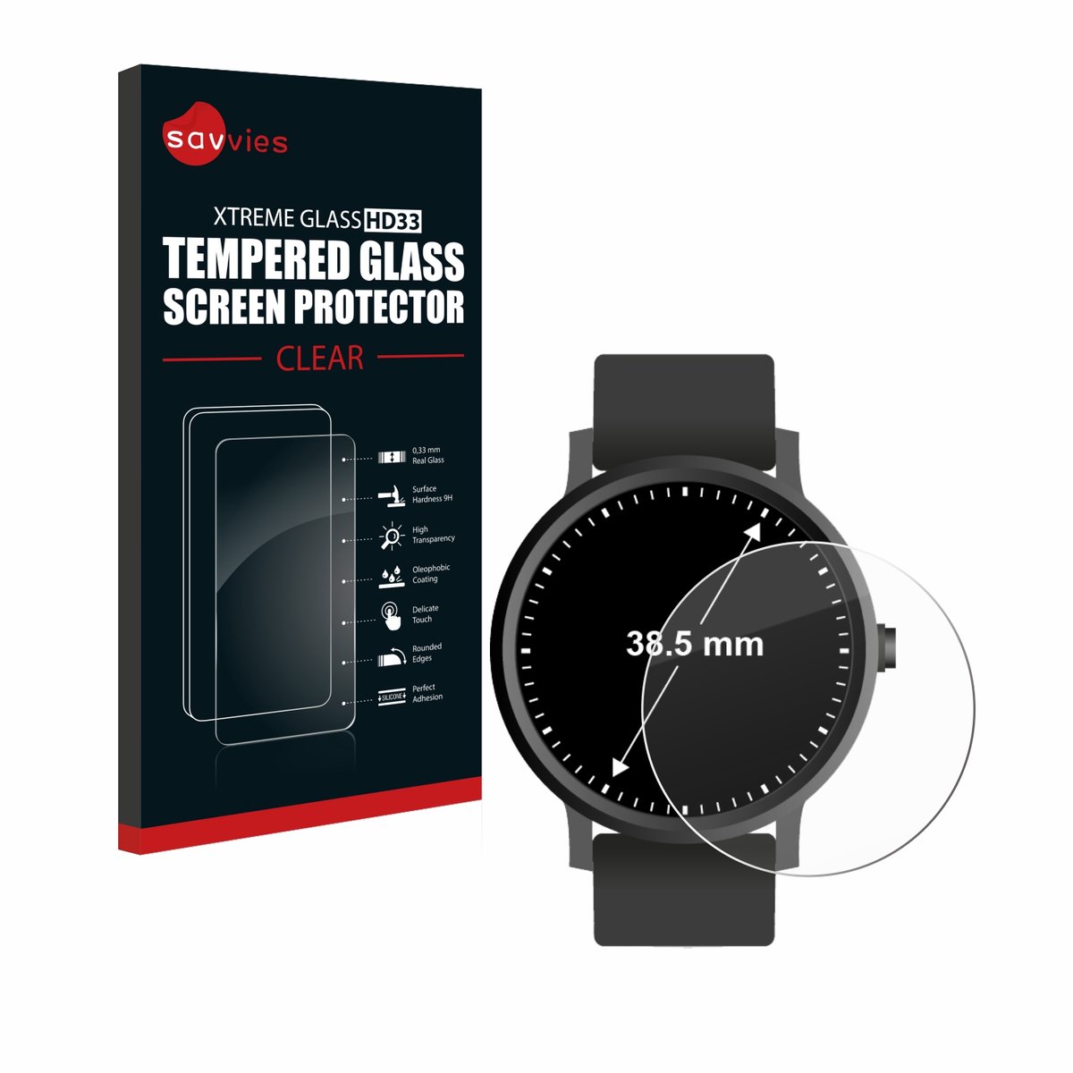 Savvies - Glas Screenprotector voor Horloges (Rond, ø: 38.5 mm) - Gehard Beschermglas 9H