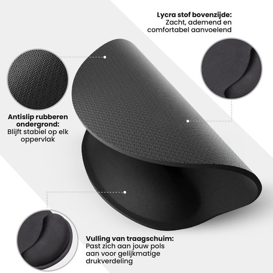 Zwarte muismat met gedetailleerde close-ups van lycra stof, anti-slip ondergrond en traagschuim.