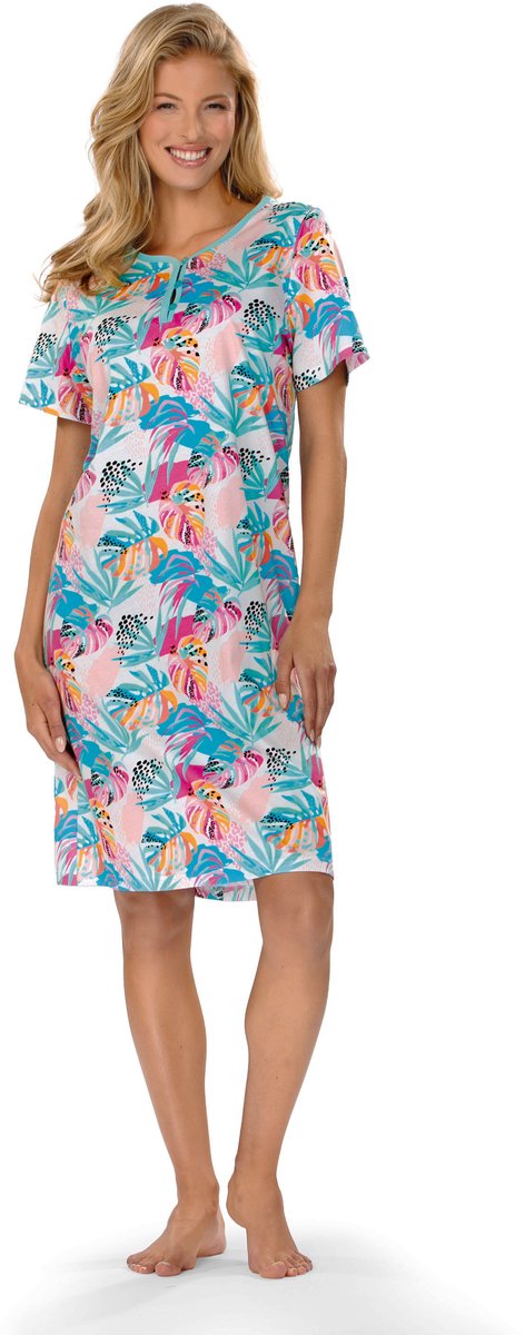 Ascafa Nachthemd 'Colorful Palms' - Dames Nachthemd - Korte Mouw - Turquoise - Maat 44