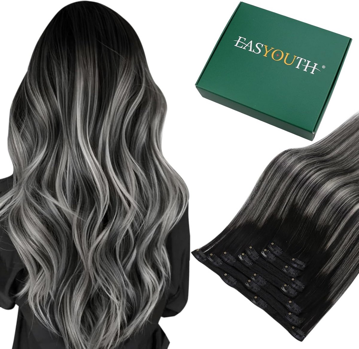 Clip-in Haarextensions Echt Mensenhaar Balayage Zwart naar Zilver 30 cm 7 Delig