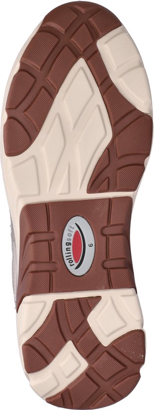 Onderkant van roze Gabor Rollingsoft sneaker, met bruine en beige zool.
