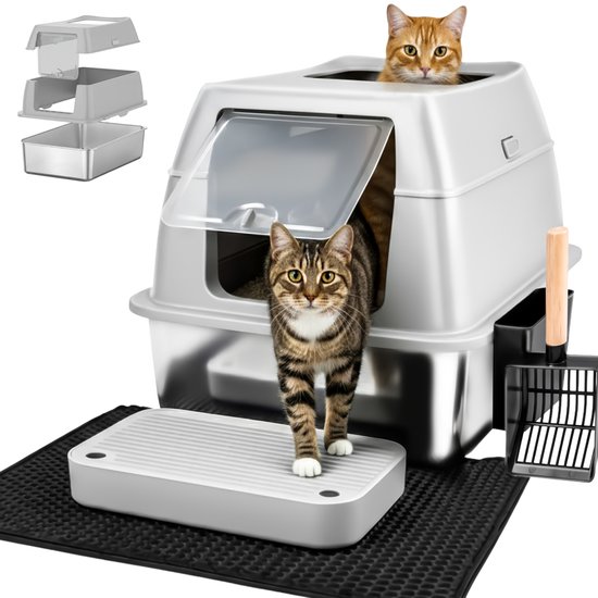 Kattenbak RVS met Deksel XXL – Gemakkelijk schoon te maken – Geurvrij, Lekvrij en Vlekvrij – 38L Inhoud – Gesloten Roestvrijstalen Kattentoilet– Grote Kattenbak met Schep & Gritopvangmat – 60×40×32cm - Grijs