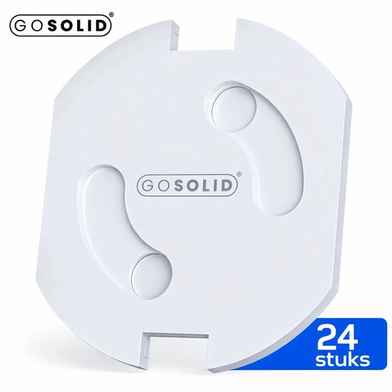 Witte GOSOLID stopcontactbeveiliger met ronde inkepingen. Blauwe tekst: 24 stuks.