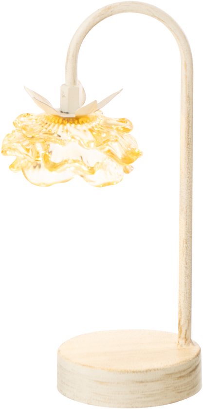 Een J-Line tafellamp met een creme gebogen staander en ronde voet. De lampkap is een gele bloem van glas.