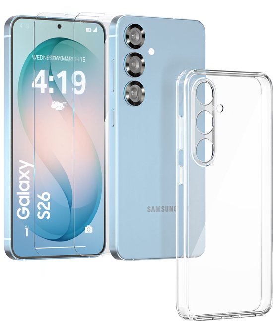 Samsung Galaxy S26 Hoesje Transparant Anti Shock met 2x Screenprotector en Beschermglas, Slank & Stevig