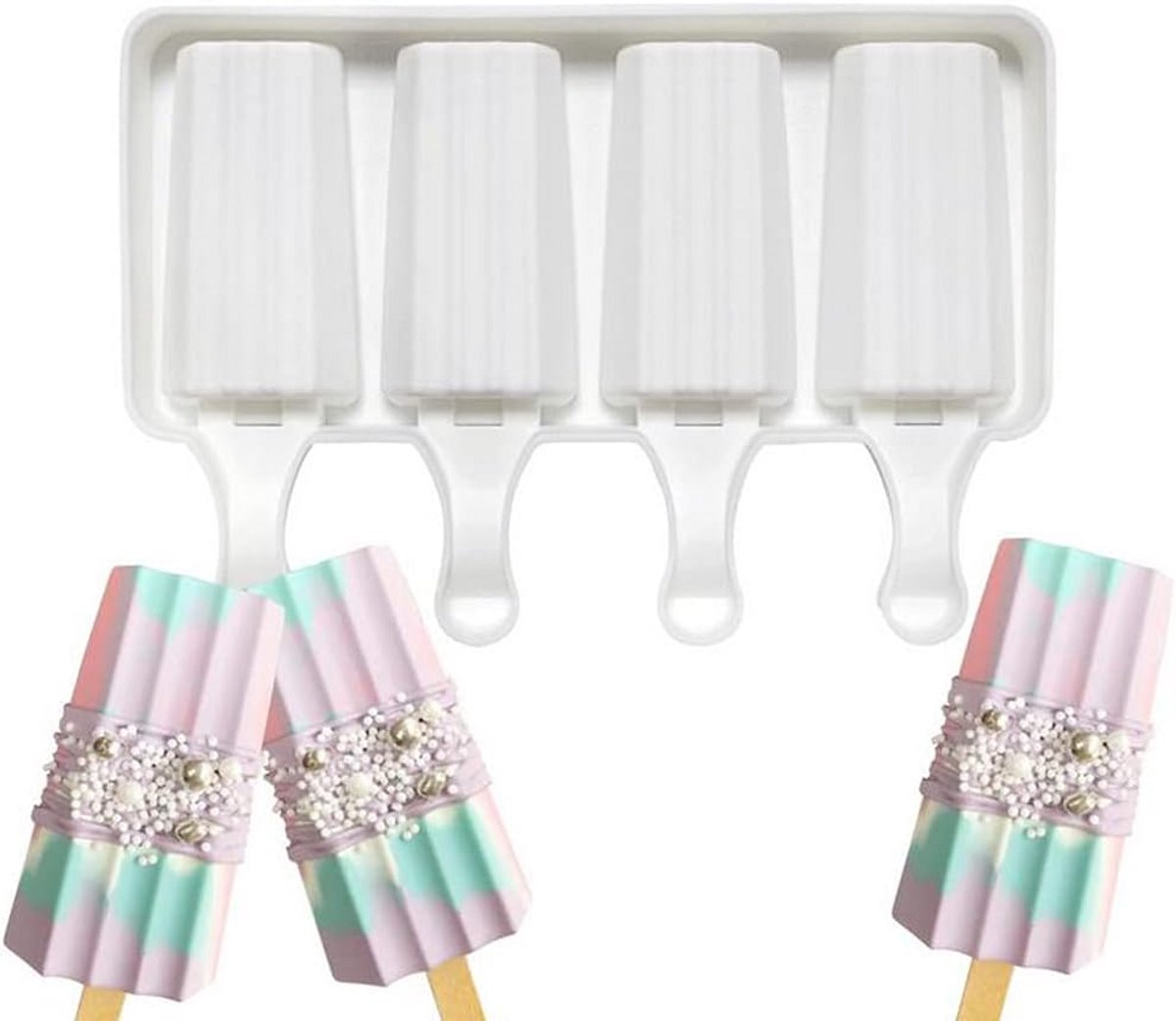 4-Vaks IJsvormpjes Popsicle Mallen met 50 Houten Stokjes