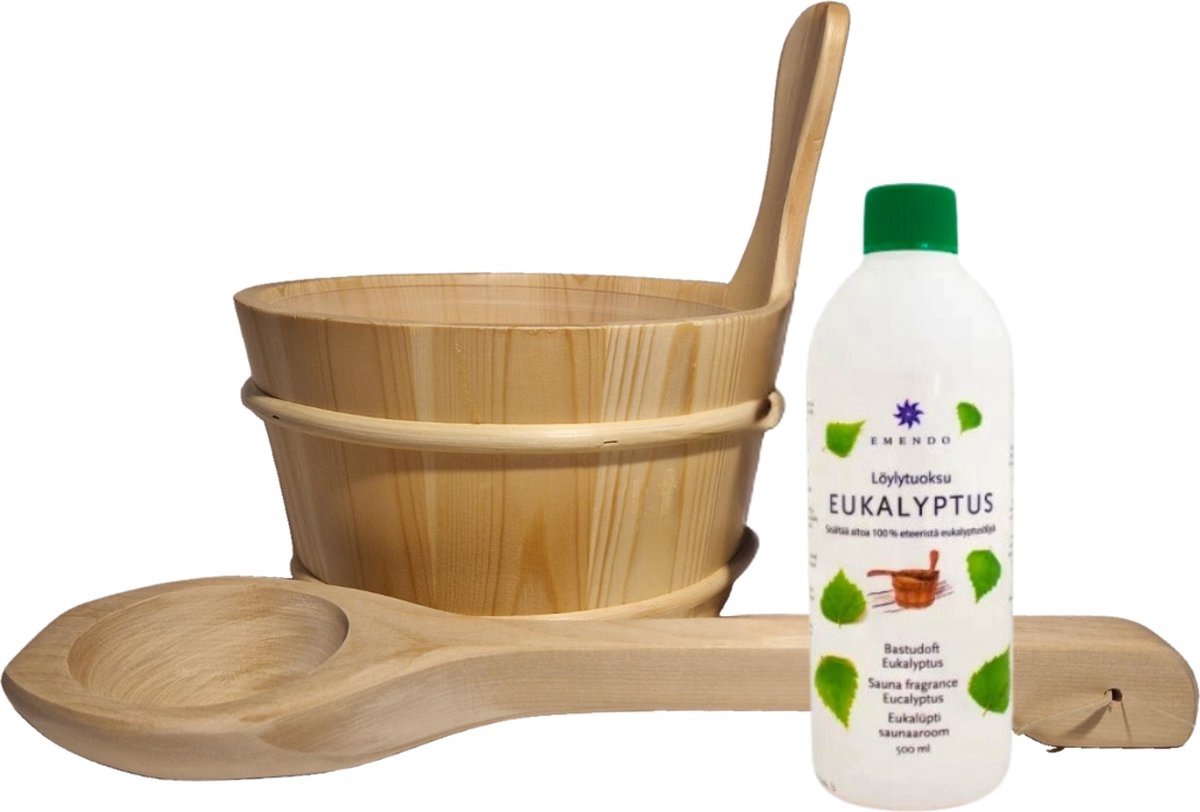 Emendo Sauna emmer, lepel en 500 ml Eucalyptus opgietmiddel