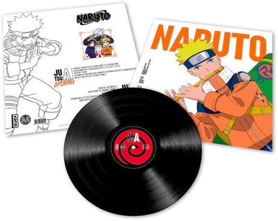 Disque vinyle noir avec pochette représentant Naruto, avec le texte 'NARUTO'.