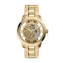 Goudkleurig Fossil skeleton horloge met metalen band, achterkant met zichtbare mechaniek.