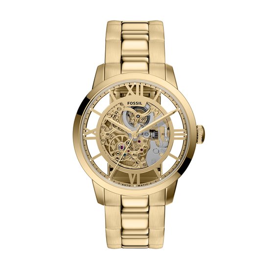 Goudkleurig Fossil skeleton horloge met metalen band, achterkant met zichtbare mechaniek.