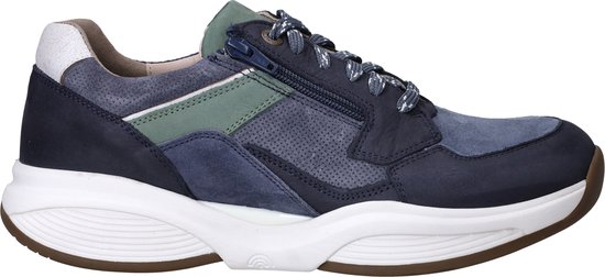 Zijkant van donkerblauwe, grijze en groene Xsensible sneaker met veters en rits.