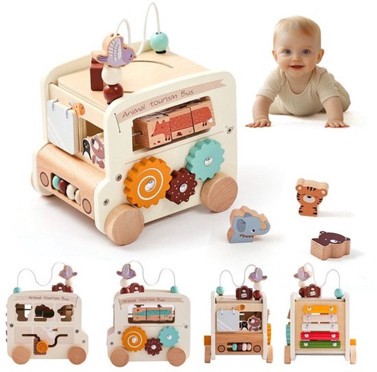 5 in 1 Bus Speelgoed Montessori Educatief Spel Speelgoed - Montessori Speelgoed vanaf 1 Jaar - Baby Motoriek Bus Speelgoed voor 12+ Maanden Meisjes Jongens Verjaardagscadeau - Beige