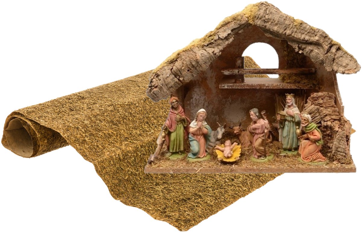 Decoris Complete kerststal - 8 beelden - hout en polystone - ondergrond 38 cm