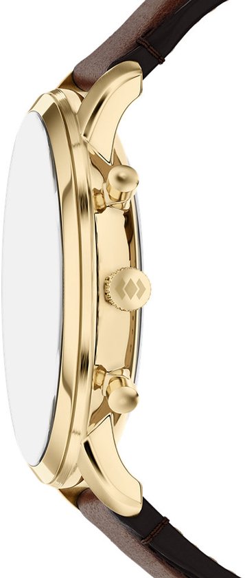 Zijaanzicht van een gouden Fossil horloge met bruine leren band.