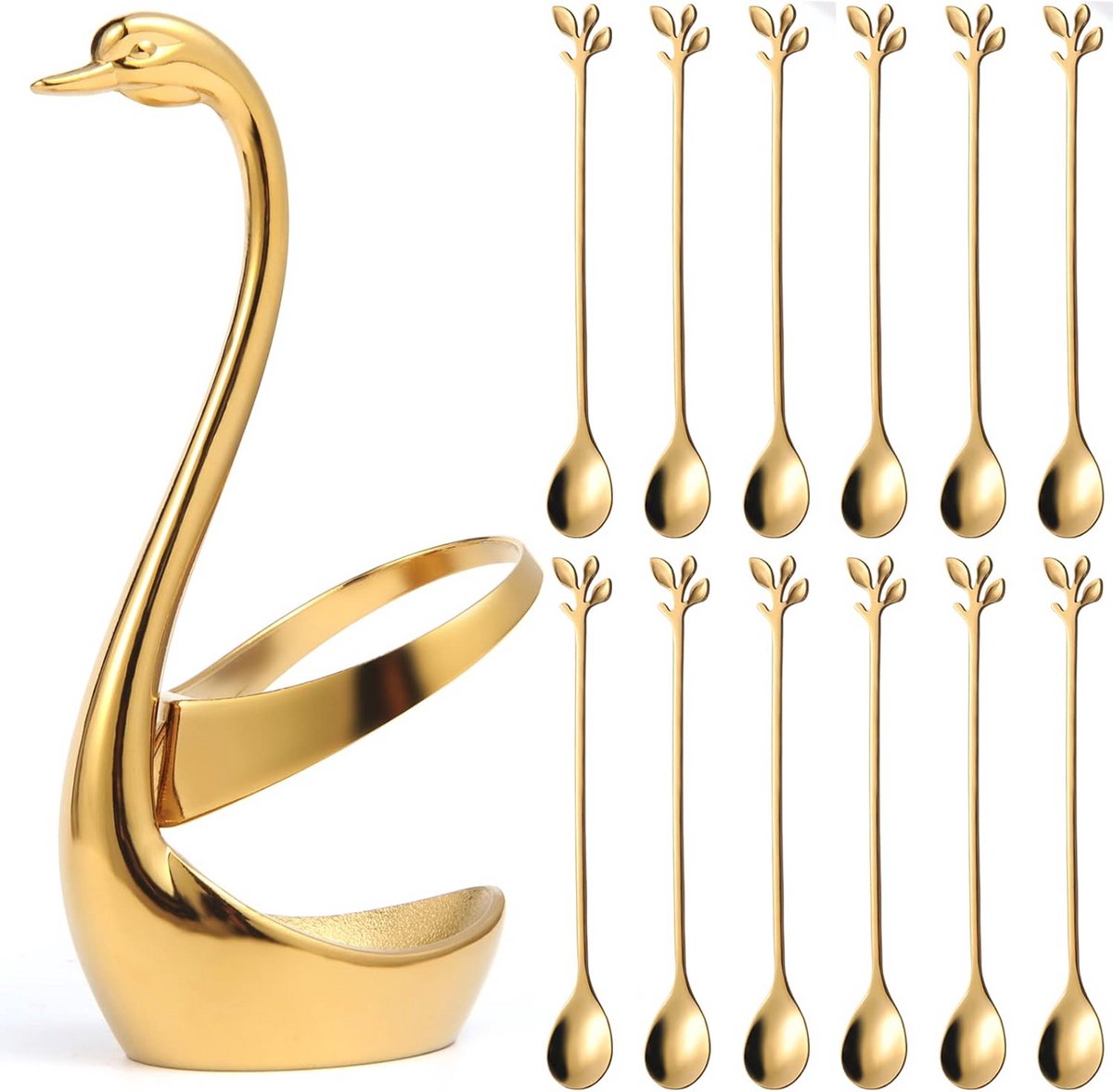 Set van 12 Gouden Koffielepels met Elegante Zwanenhouder