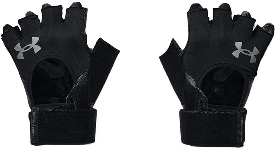 Zwarte fitnesshandschoenen met band om de pols en "Under Armour" opdruk.