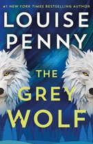 Boekcover met de titel 'The Grey Wolf' van Louise Penny. Twee grijze wolvenkoppen omlijsten de titel op een blauwe, verenachtige achtergrond.