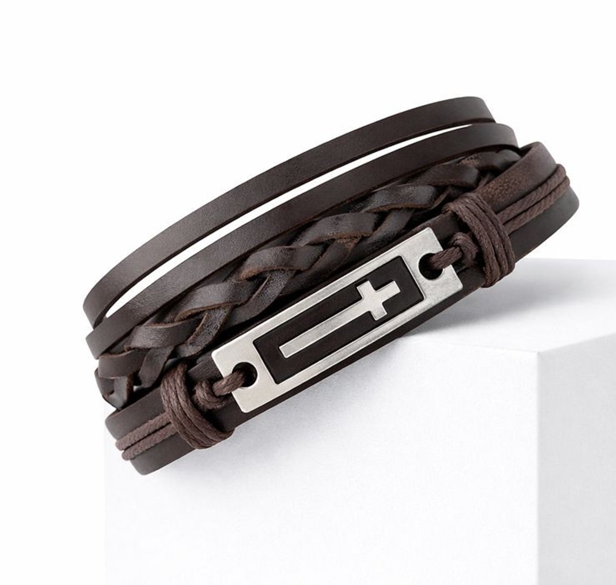 Goodz4All Kruis Set Leren Verstelbare Armbanden Bruin Slip-Knoopsluiting - Lederen Armband - Cadeau Sinterklaas Kerst Verjaardag Valentijn Vaderdag