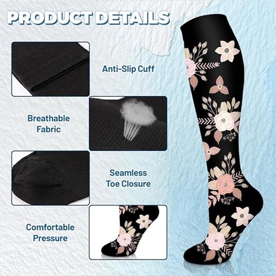 Chaussettes de compression noires avec un motif floral rose, beige et vert. Avec bordure anti-dérapante, tissu respirant, pointe sans couture et pression confortable.