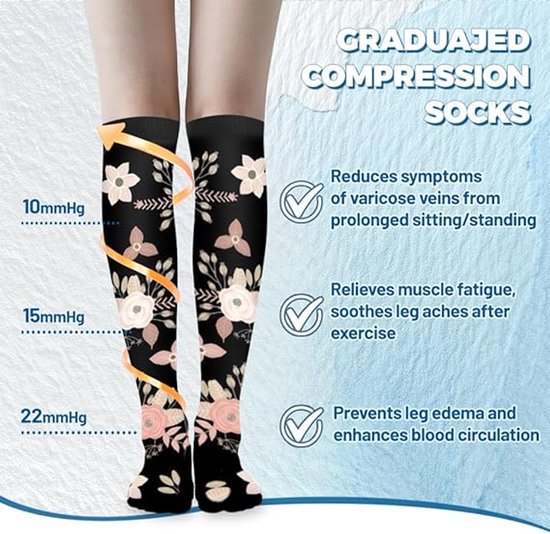 Chaussettes de compression noires à motif floral montrant une compression graduée de 10-22 mmHg. Aide contre les varices, la fatigue et l'œdème.