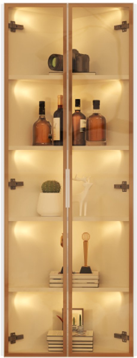 LED vitrinekast 62x35x160cm – Buitenkant van eikenhout, geïntegreerde LED-verlichting, stofvrije kast van gehard glas, hoekvitrine met deur – Verzamelkast, boekenkast, wijnkast, badkamermeubel-wit