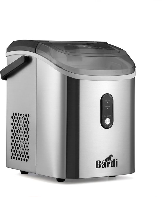 Zilverkleurige Bardi ijsblokjesmachine met een transparant deksel en bedieningspaneel.