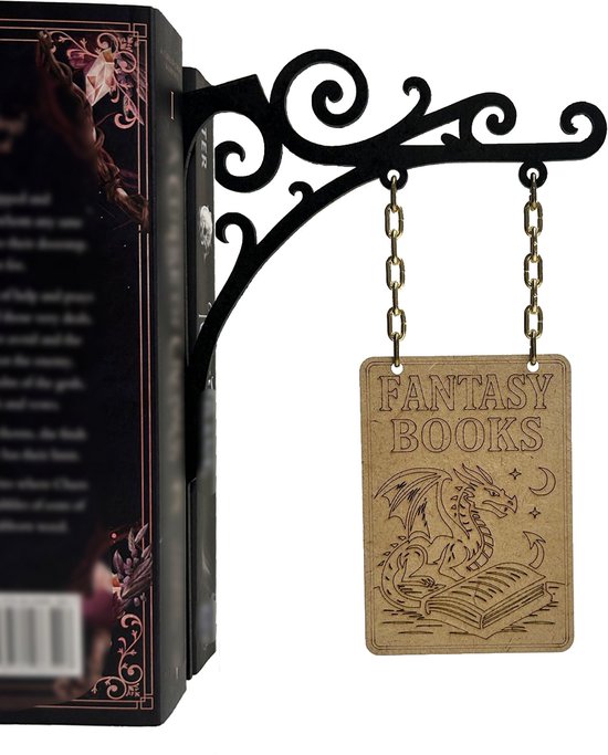 Boekenbordje Fantasy – Decoratief houten boekenbordje voor boekenkast – 3mm dun – Dubbelzijdig gegraveerd – Cadeau voor boekenliefhebbers