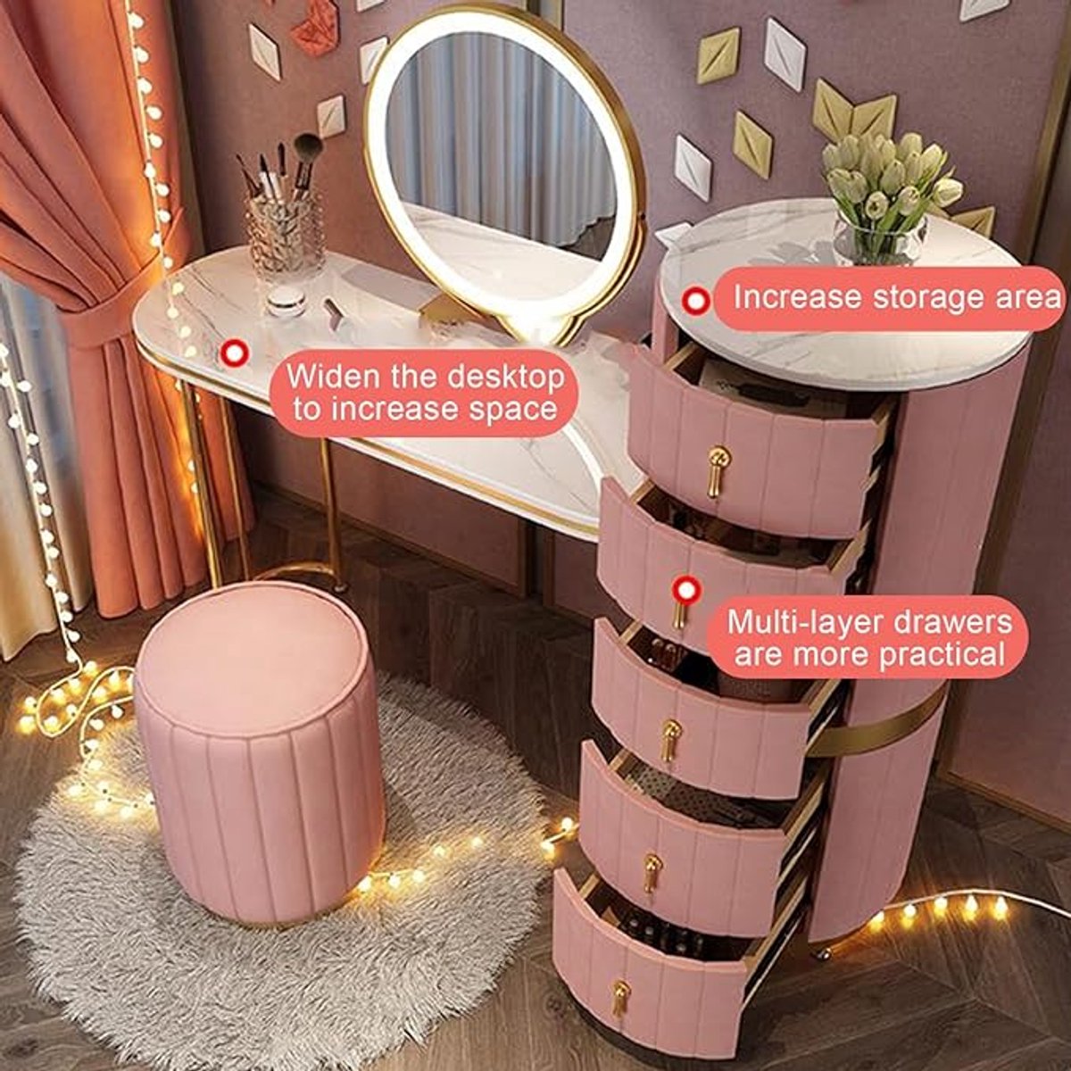Make-uptafel met verstelbare 360° LED-spiegel, 5 laden, moderne roze make-upset 120cm x 40cm x 78cm – inklapbare stoel en ruime opbergruimte voor make-up en huidverzorging – Pauwhome