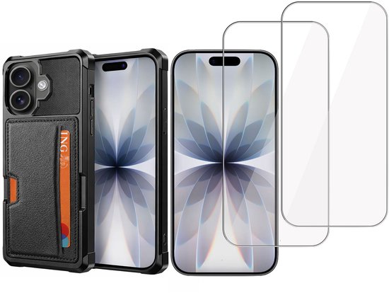 Zwart telefoonhoesje met kaarthouder en twee screenprotectors.