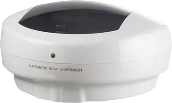 Witte automatische zeepdispenser met donkergrijs deksel, geïsoleerd op witte achtergrond.