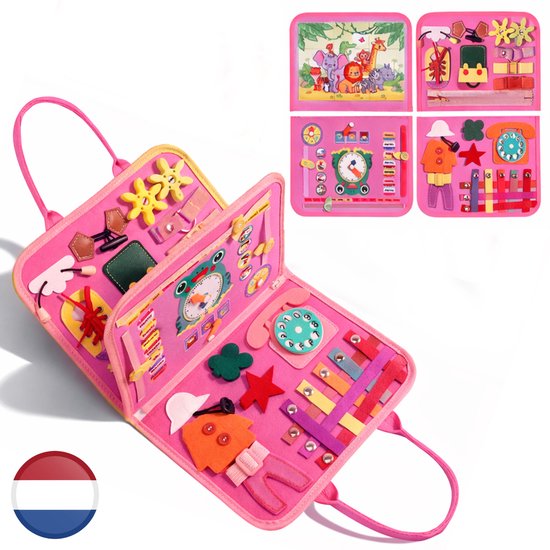 Montessori Activiteiten Boek - Nederlands - Busy Board - Perfect voor op Vakantie - Klok lezen - Motoriek Map voor Thuis en Onderweg - Leren Veter Strikken - Activiteitenboek - Vaardigheden Kinderen - Educatief Spel - Zeemeermin roze