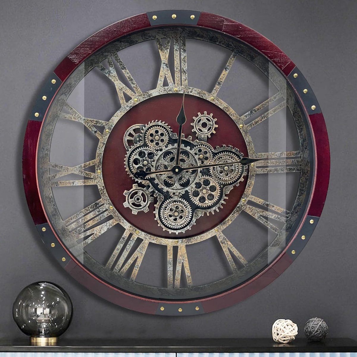 Wandklok 68 cm met Bewegende Tandwielen – Grote Industriële Vintage Wandklok XXL – Stil Quartz – Massief Hout & Metaal – Steampunk Decoratie – Afmetingen op aanvraag – Pauwhome — cadeau in Wonen & Interieur - foto 2