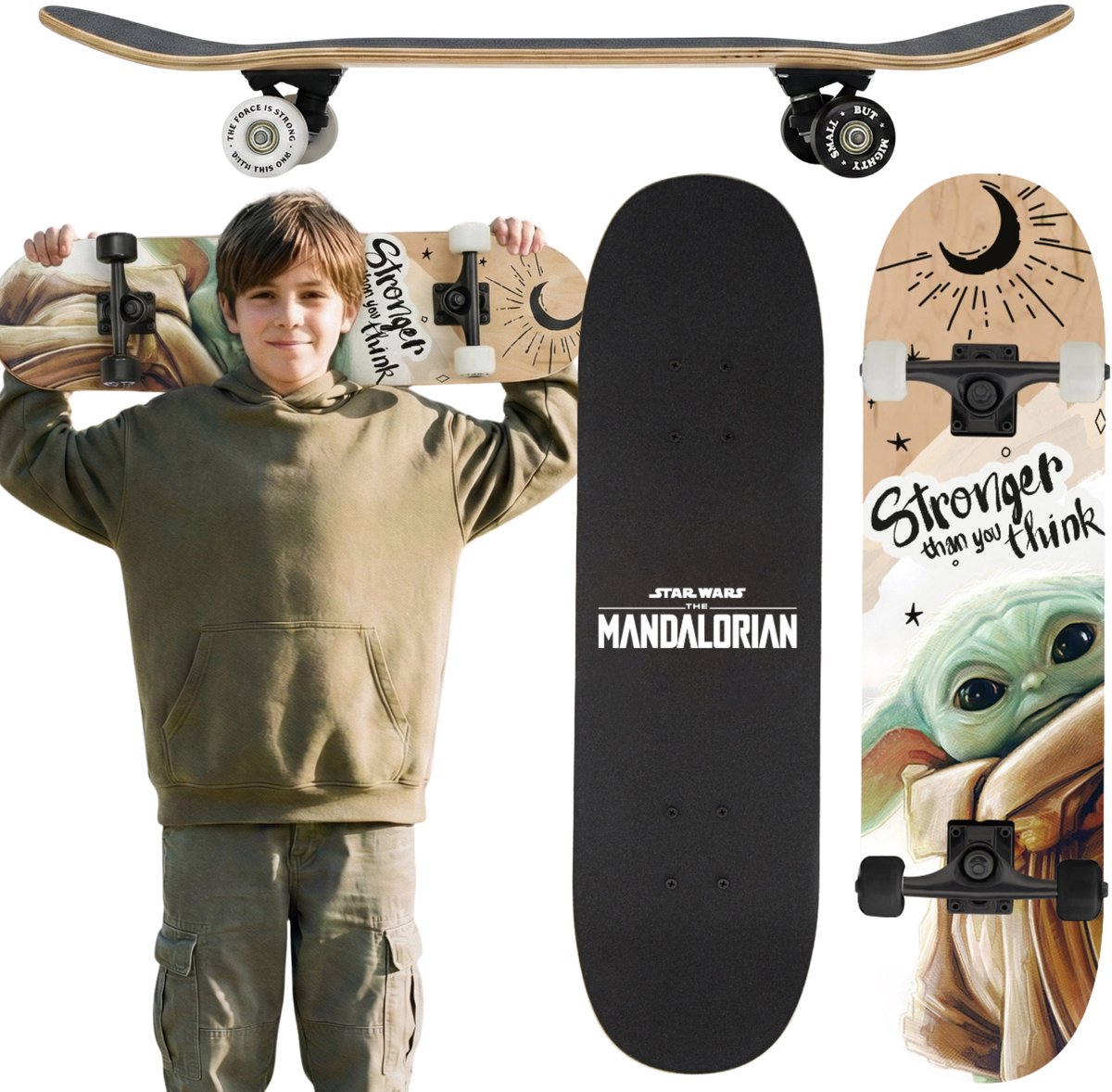 STAR WARS Baby Yoda Houten skateboard voor jongeren, 79 cm, groot, antislipboard, stabiel tot 100 kg
