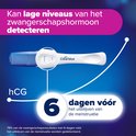 Clearblue zwangerschapstest met twee blauwe lijnen, plus tekst "6 dagen voor het uitblijven van de menstruatie".