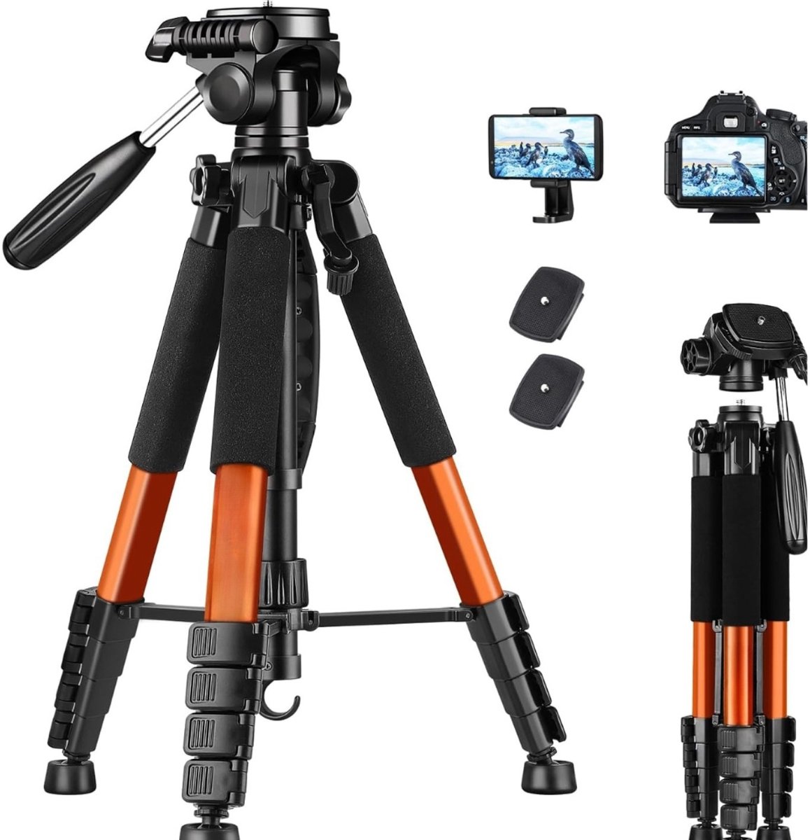 Famanu – Camerastatief 182 cm van aluminium, licht en compact statief met telefoonhouder voor vloggen