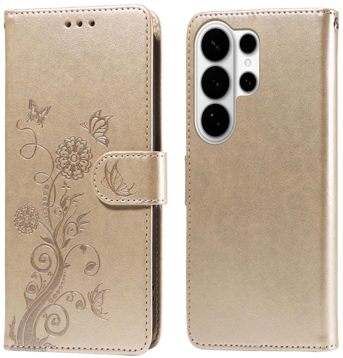 Mobigear Telefoonhoesje geschikt voor Samsung Galaxy S26 Ultra Hoesje | Mobigear Flowers Bookcase Portemonnee | Pasjeshouder voor 3 Pasjes | Telefoonhoesje voor Pinpas / OV Kaart / Rijbewijs - Goud