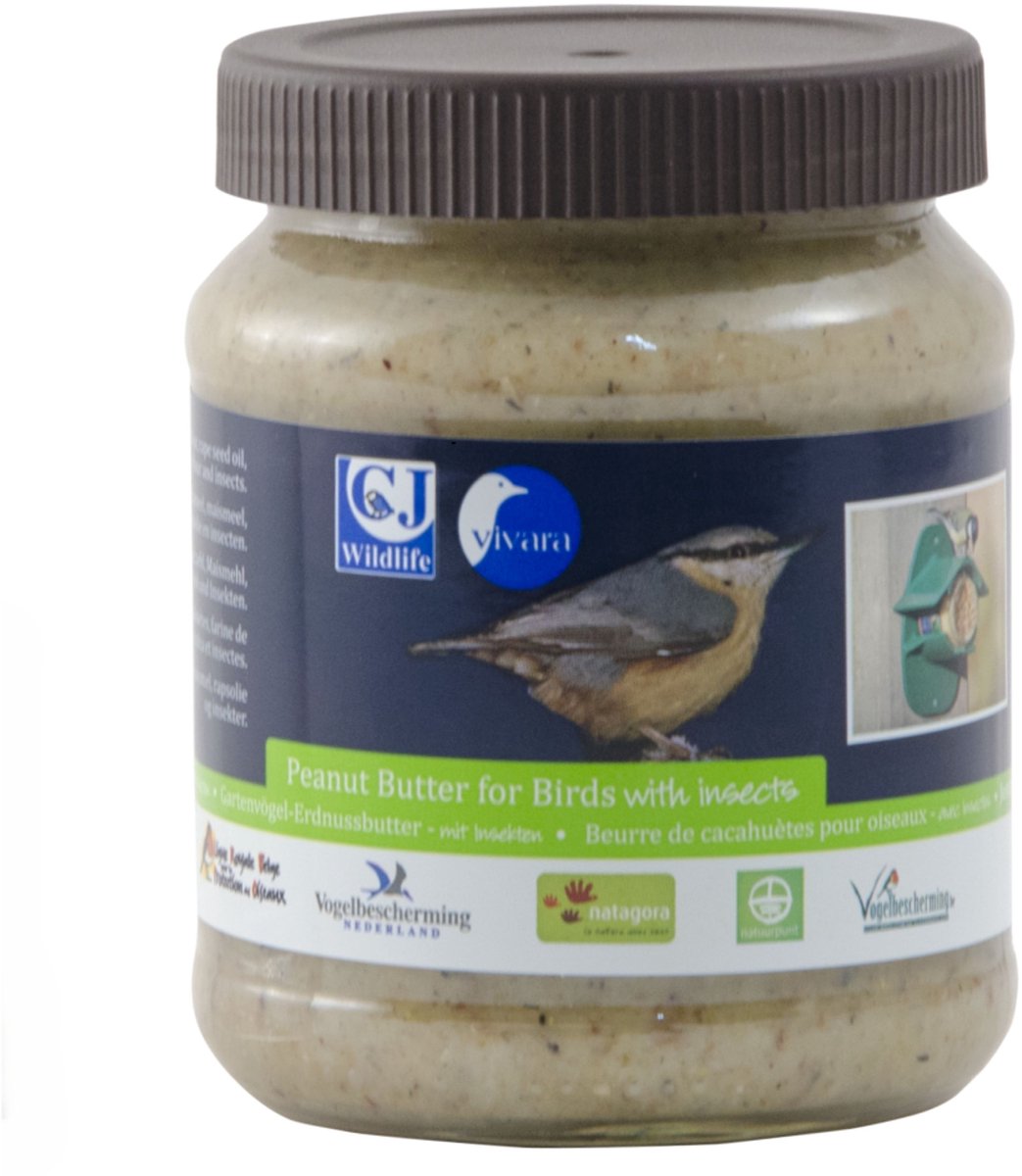 CJ Wildlife - Premium Pindakaas voor tuinvogels met insecten - 1x glazen pot 330 g - Met 57% vet & 10% eiwit - Aanbevolen door Vogelbescherming Nederland