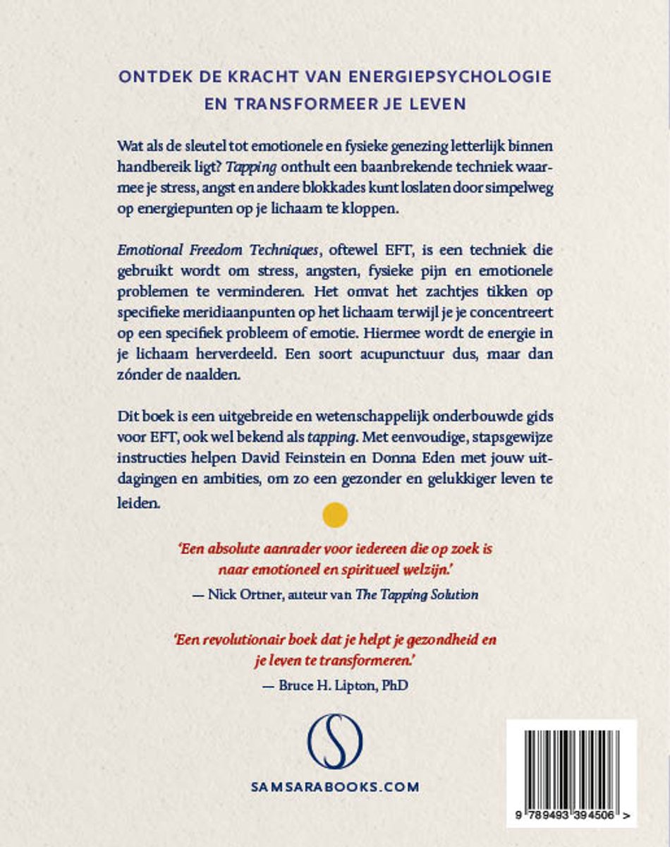 Boekomslag met titel 'Ontdek de kracht van energiepsychologie en transformeer je leven'. Bevat tekst over Tapping en EFT. Achterkant met ISBN.