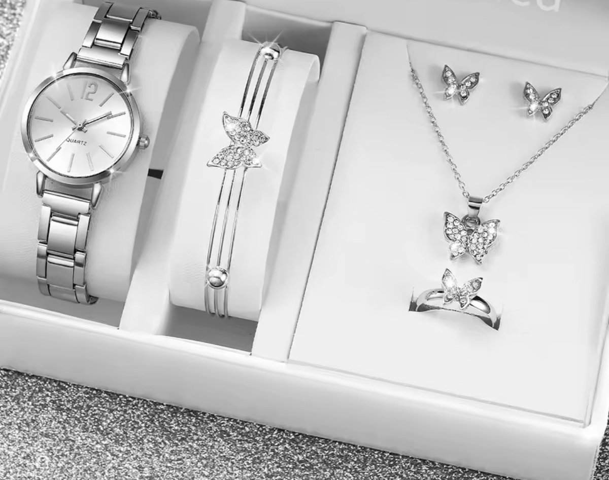 Horlogebox voor dames - geschenkdoos - cadeau set met horloge - oorbellen - ketting - armband - valentijn cadeautje voor haar - goud - silver
