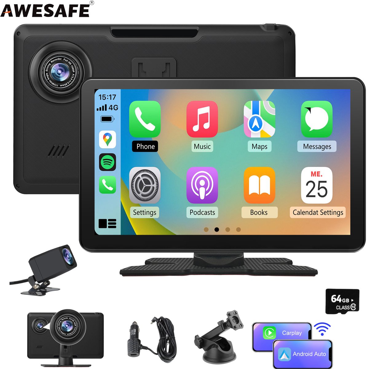 Awesafe 9.44 Inch Autoradio - Geschikt voor CarPlay Scherm - Navigatiesysteem Auto - Universeel - Touchscreen & HD Achteruitrijcamera - USB AUX - FM Radio - Bluetooth