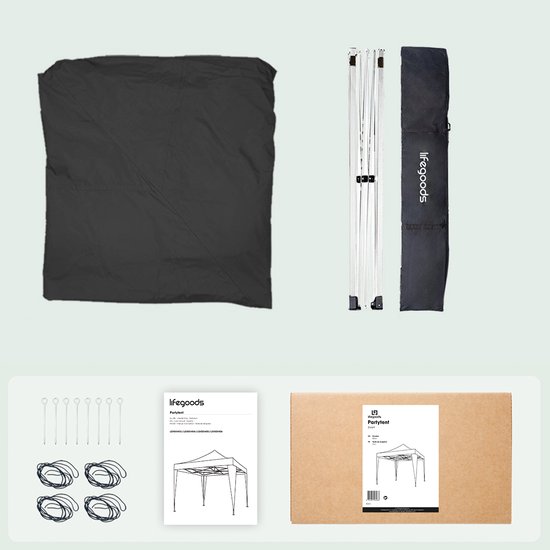 Zwarte partytent, frame, draagtas, haringen en handleiding.