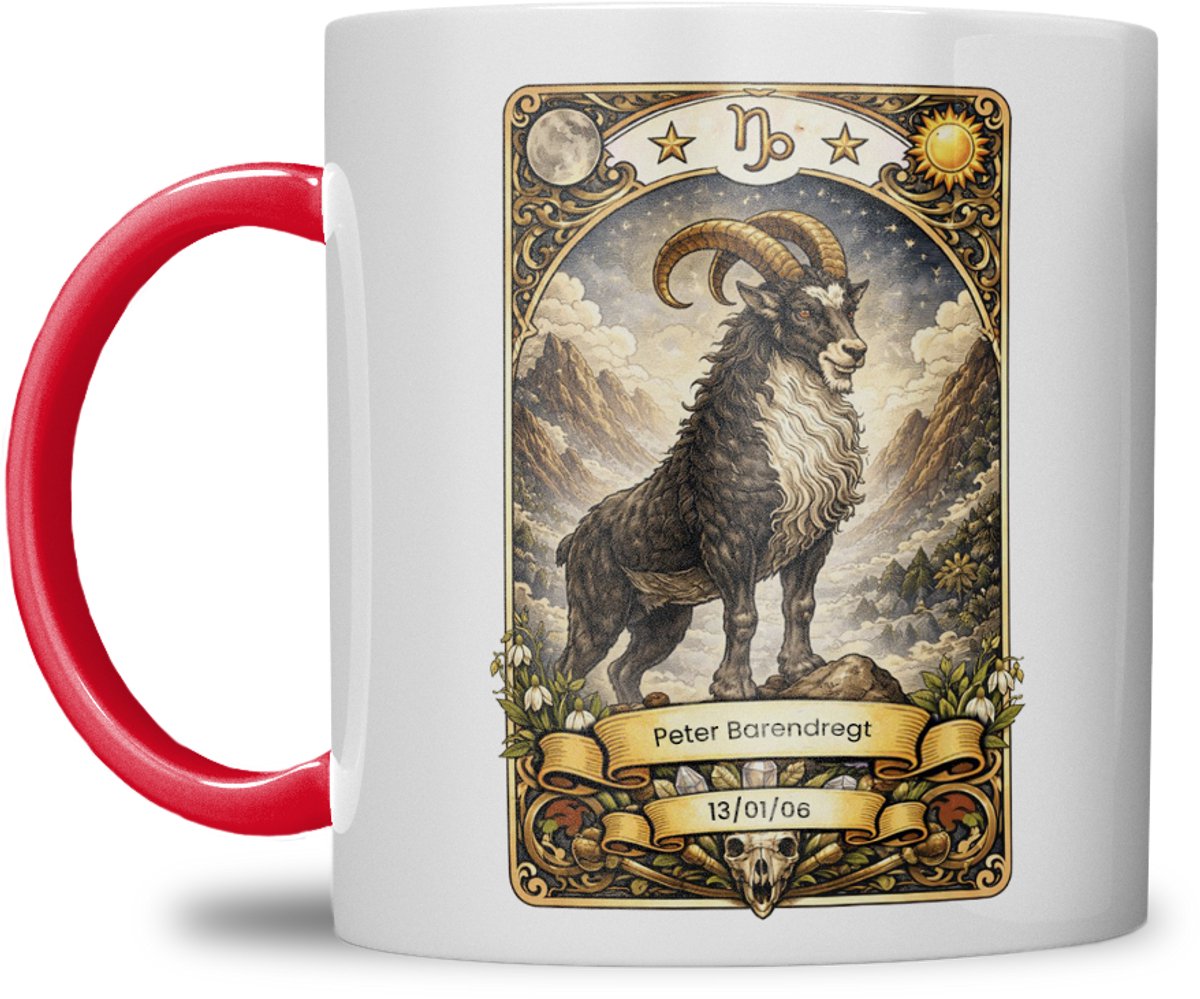 Sterrenbeeld mok - Steenbok - Rood - Tarot mok - Gepersonaliseerd met naam en datum